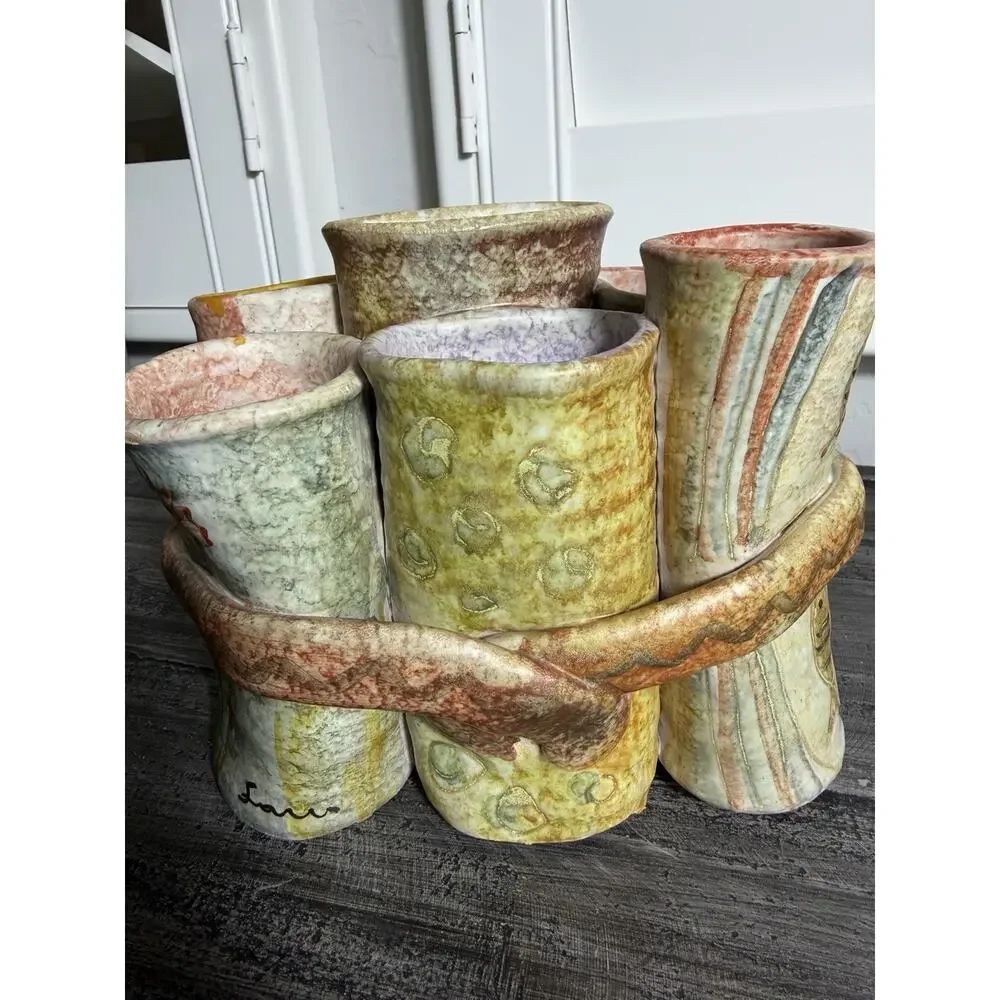 Handmade Studio Pottery Multi Vase Cluster Bud Vase Holder‎ Rustic Art Decor